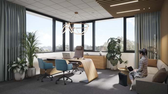 Foto Innenansicht Bürobereich des YUO Your Urban Office (Visualisierung)