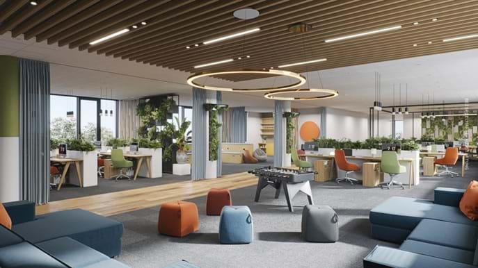 Foto Innenansicht Großraumbüro des YUO Your Urban Office (Visualisierung)