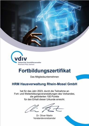 Abbidlung des vdiv-Fortbildungszertifikat 2023